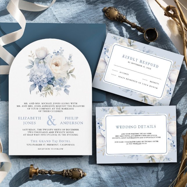 Dusty Blue and White Floral Wedding Menu