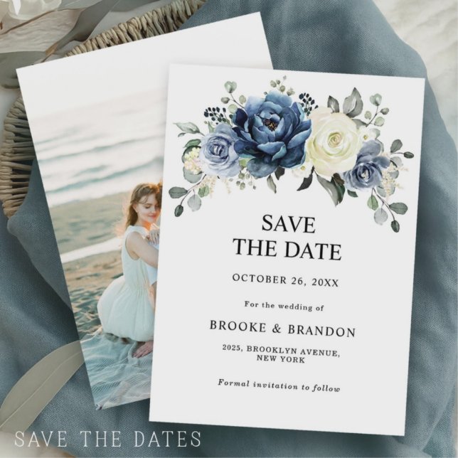 Dusty Blue Navy Champagne Ivory Floral Wedding Inv Invitation | Zazzle
