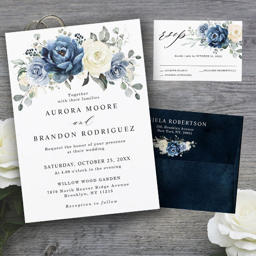 Dusty Blue Navy Champagne Ivory Floral Wedding All In One Invitation ...