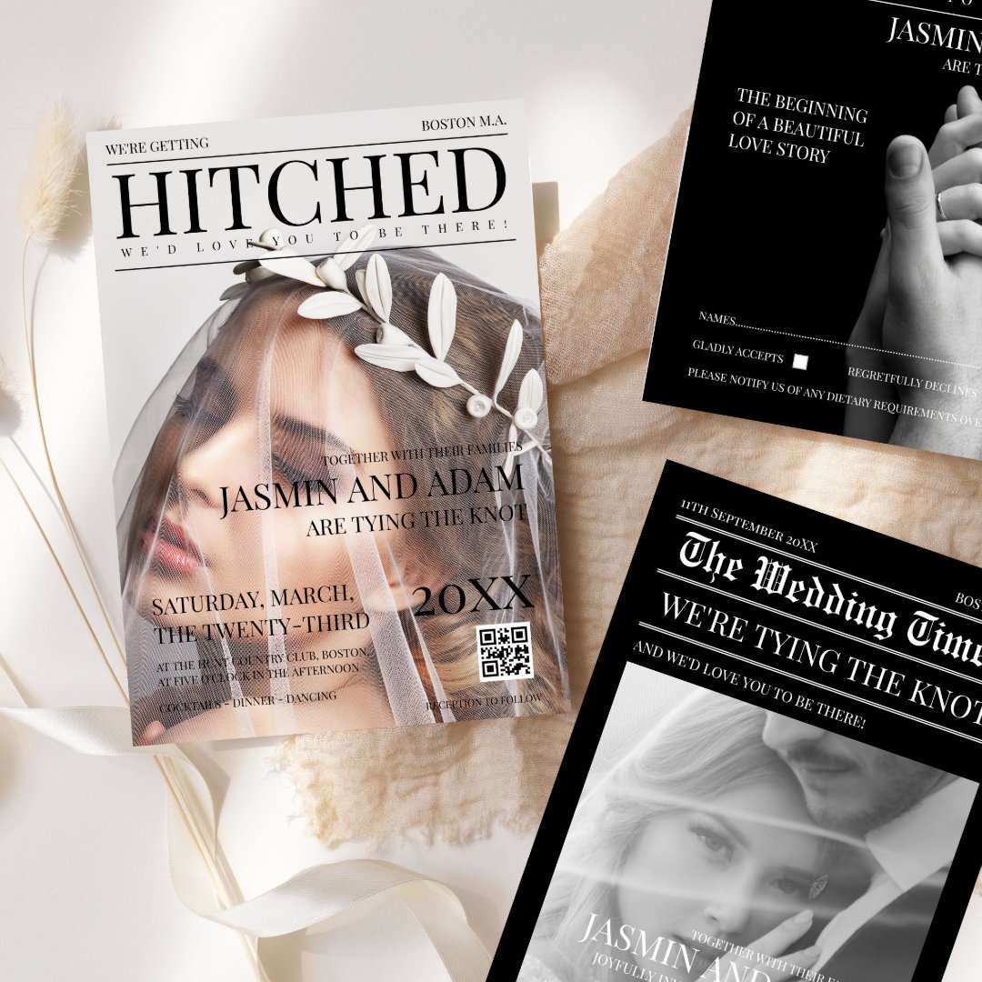 Magazine Black Dark Mode Newspaper Photo Wedding Invitation | Zazzle
