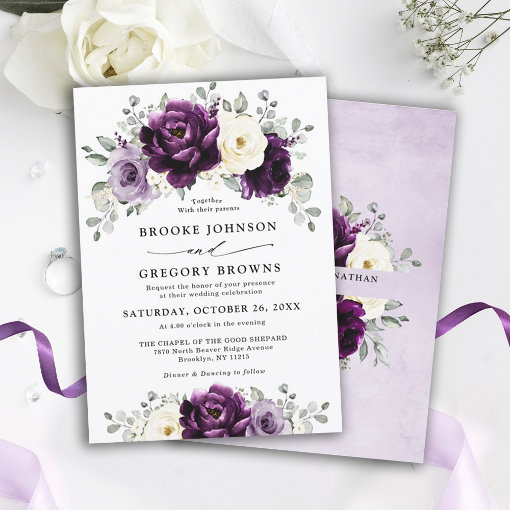 Eggplant Purple Plum Ivory White Floral Wedding Invitation | Zazzle