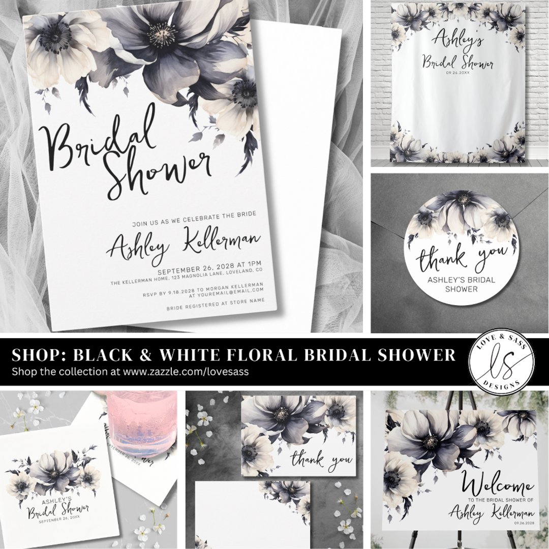 Floral Black White Bridal Shower Invitation | Zazzle