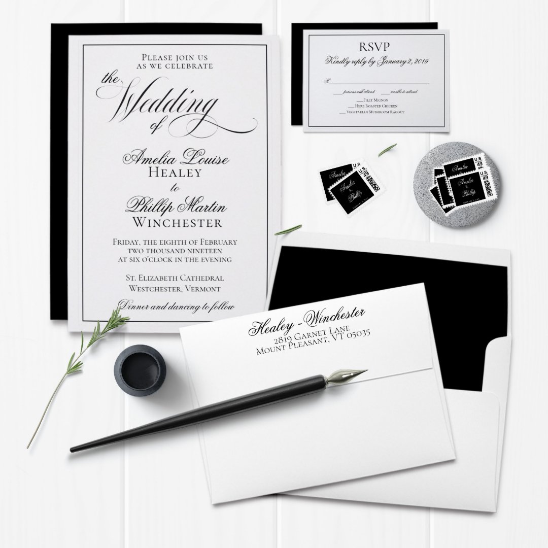 Elegant Black and White Wedding Invitation | Zazzle