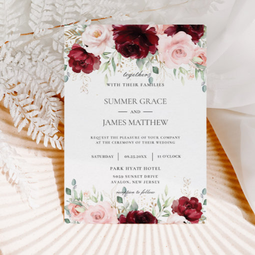 Elegant Burgundy Blush Pink Roses Floral Wedding Invitation | Zazzle