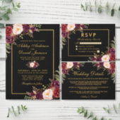 Watercolor Burgundy Floral Wedding Gold and Black All In One Invitation (Personalise this independent creator's collection.)