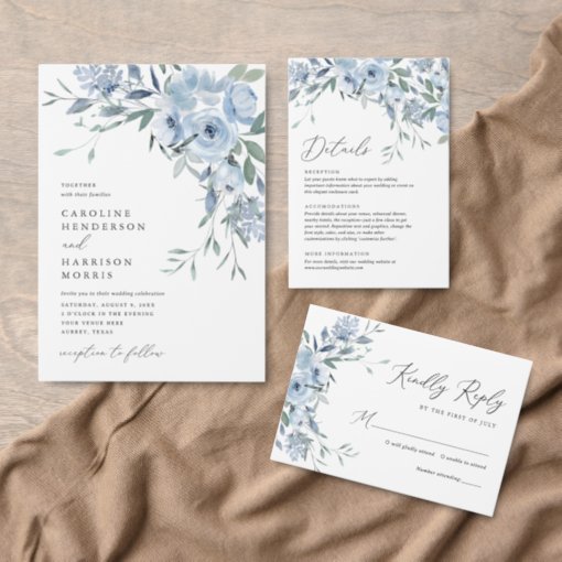 Elegant Dusty Blue Floral Wedding Invitation | Zazzle