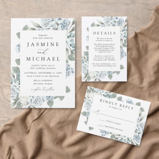 Elegant Dusty Blue Floral Wedding Invitation | Zazzle