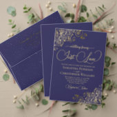 Gold Lace on Navy Blue BUDGET Wedding Invitation (Personalise this independent creator's collection.)