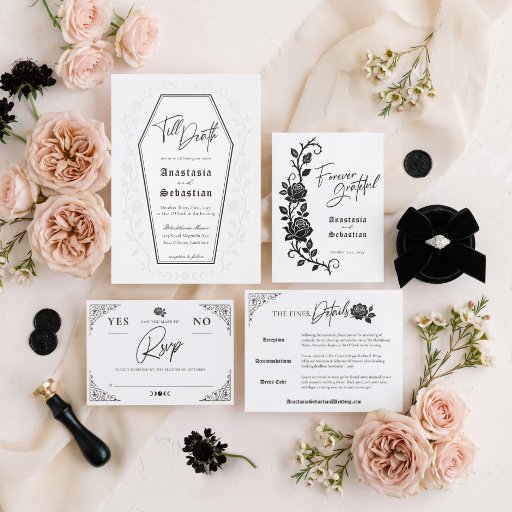 A collection of letterpressed wedding stationery with a black and white color scheme. Some pink flowers are scattered about the stationery.
