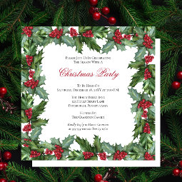 Elegant Holly and Berries Frame Christmas Party In Invitation | Zazzle