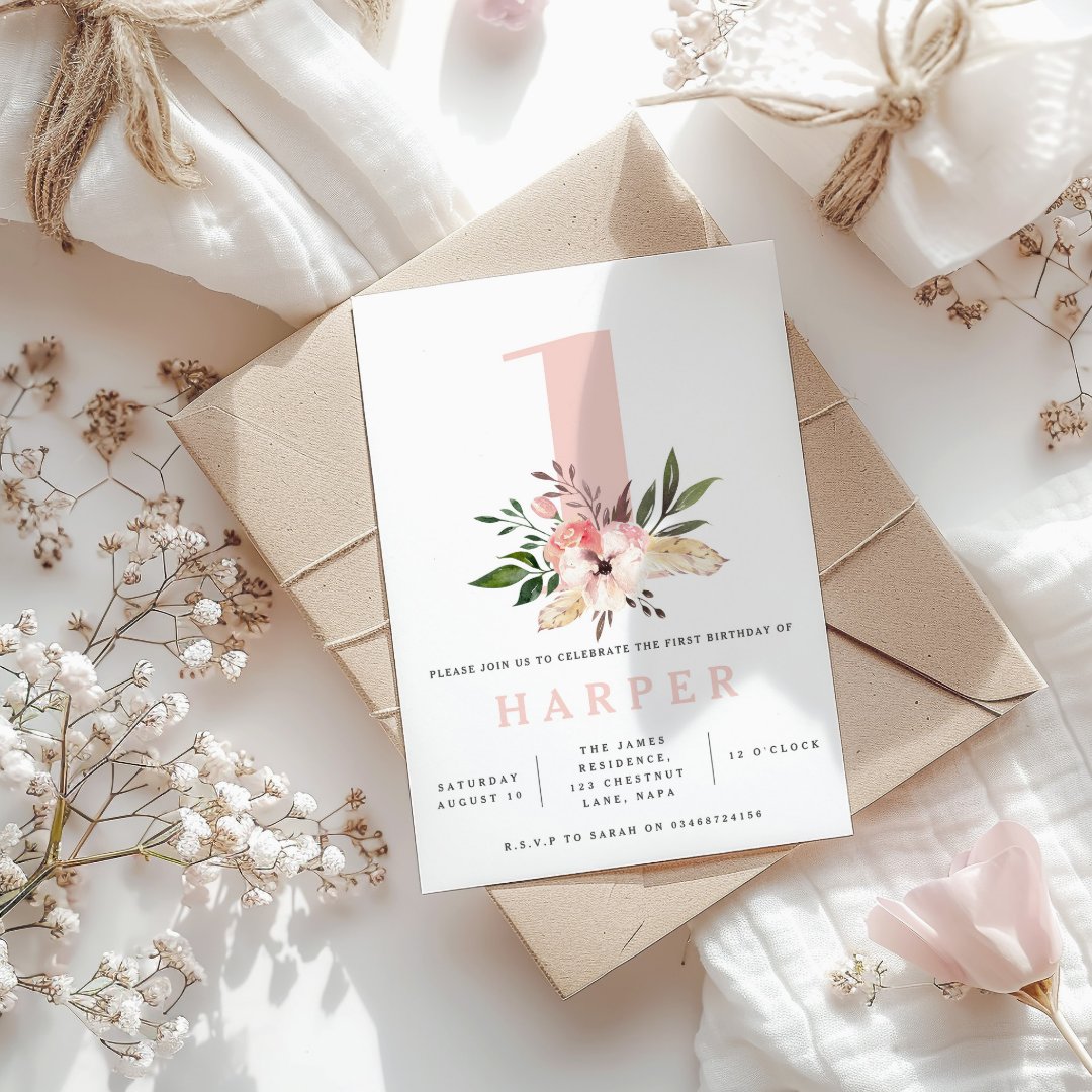 floral pink 3rd birthday party photo invitation | Zazzle