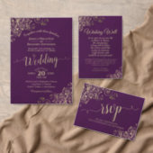 Gold Lace on Plum Purple BUDGET Wedding Invitation (Personalise this independent creator's collection.)
