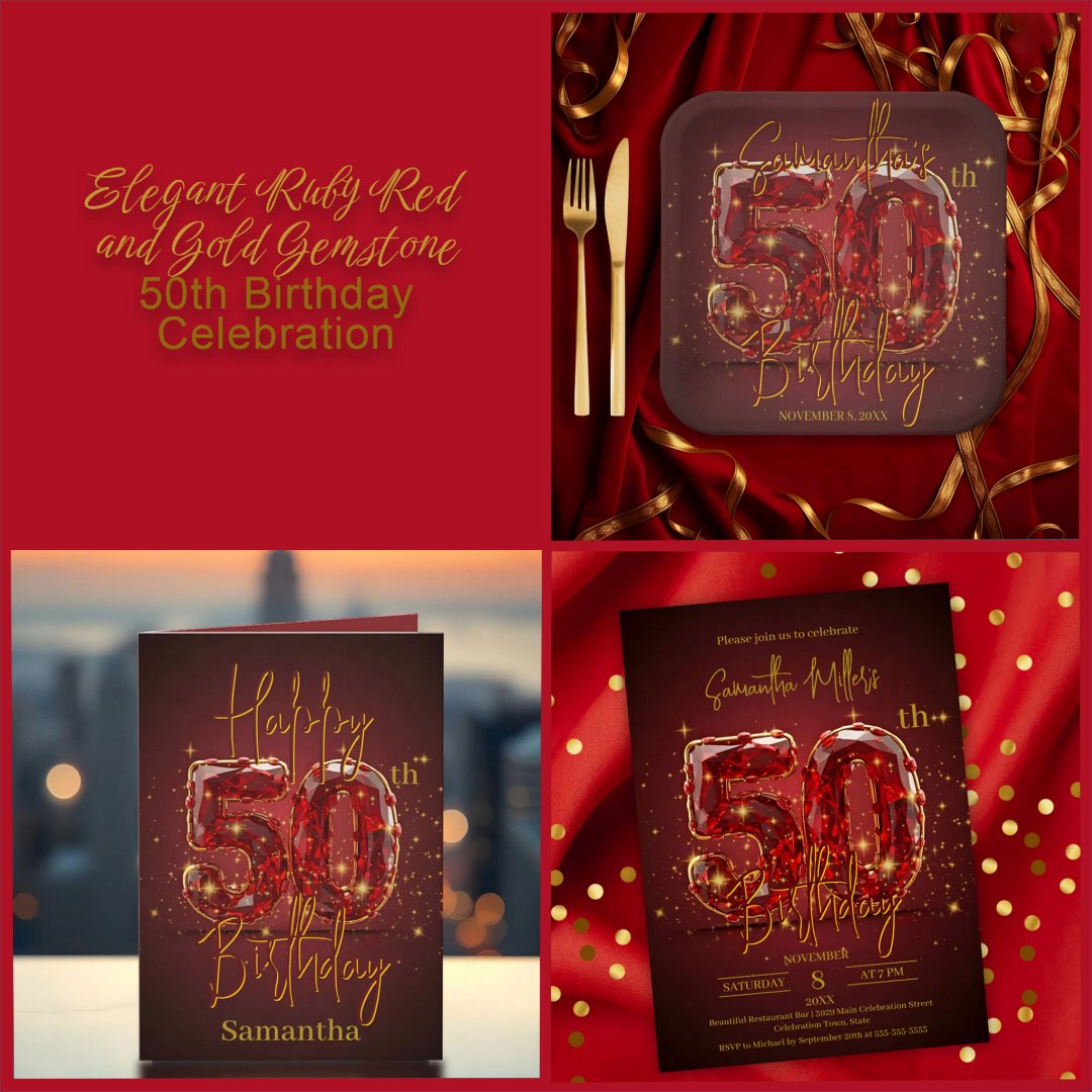 Elegant Red and Gold 50th Birthday Celebration Invitation | Zazzle