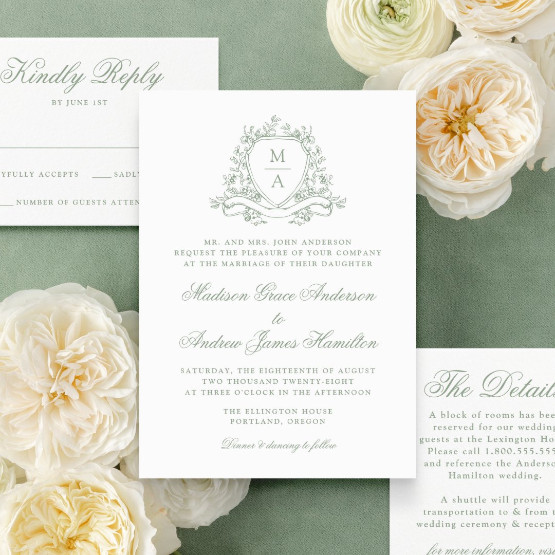 Elegant Sage Green Floral Crest Wedding Details Enclosure Card | Zazzle