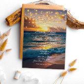 Elegant Summer Sunset String Lights Beach Wedding Invitation