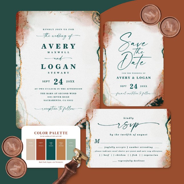 Copper, Beige, and Dark Teal Wedding Color Palette Enclosure Card