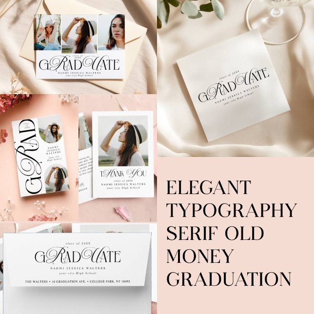Elegant 3 PHOTO Typography Graduation Thank you Card | Zazzle