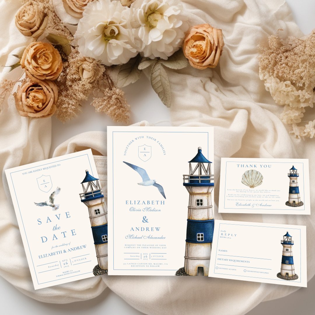 Elegant Watercolor Nautical Lighthouse Wedding Invitation | Zazzle
