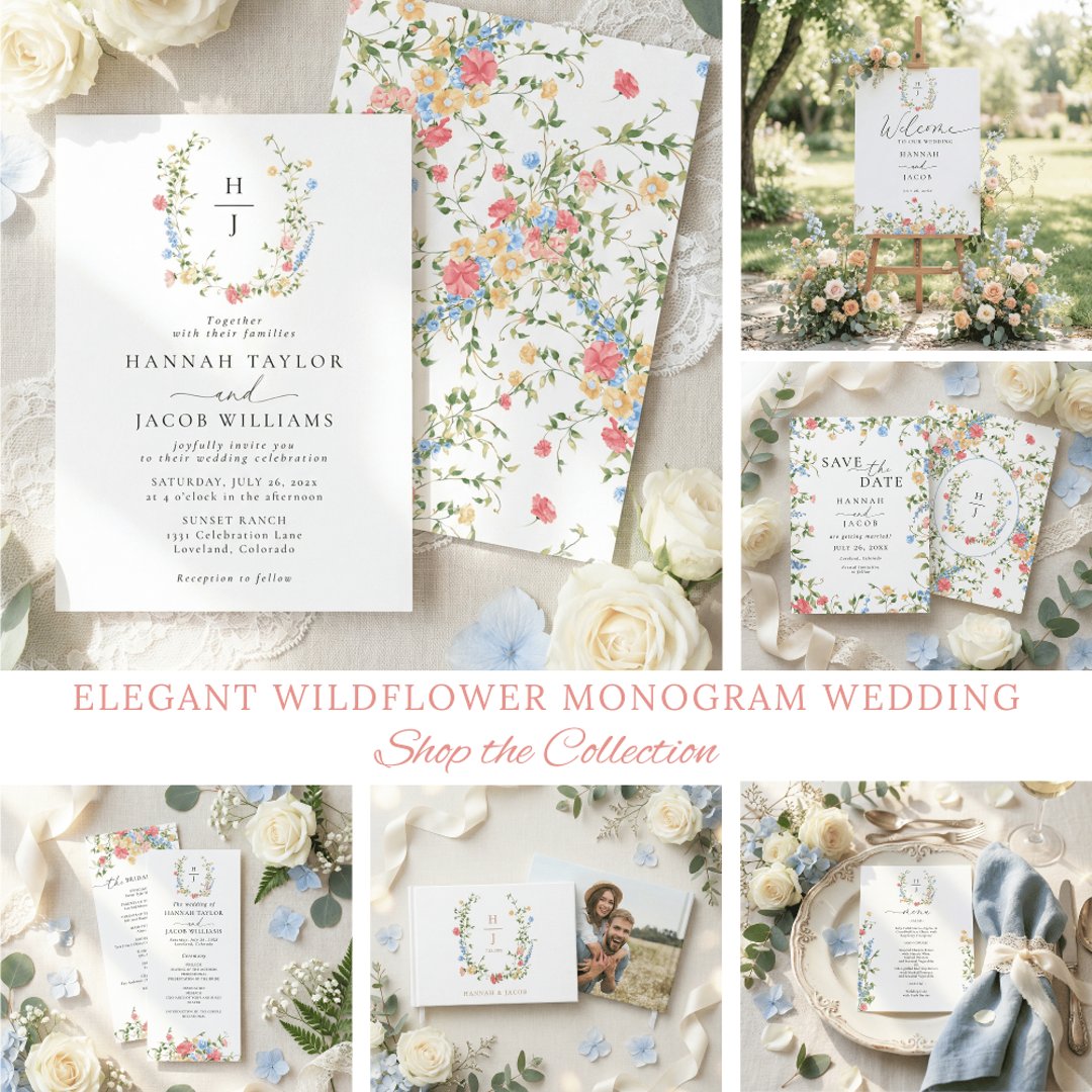 Elegant Wildflower Floral Monogram Wedding Invitation | Zazzle