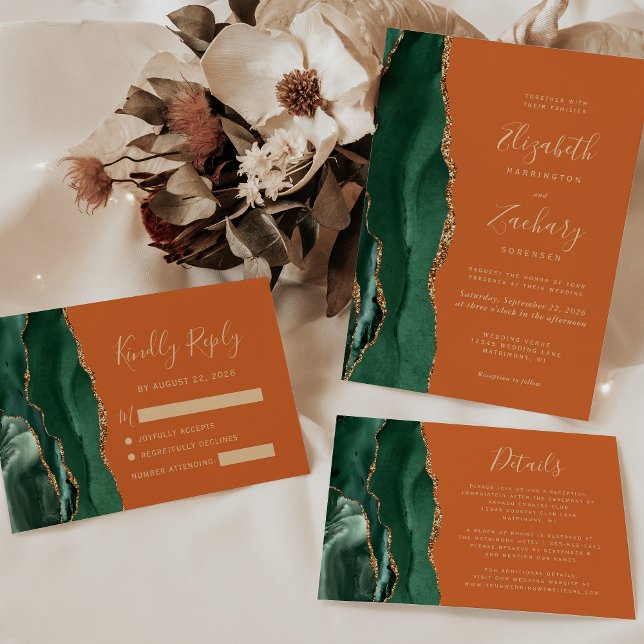 Chic Emerald Green Gold Agate Burnt Orange Wedding Invitation Zazzle