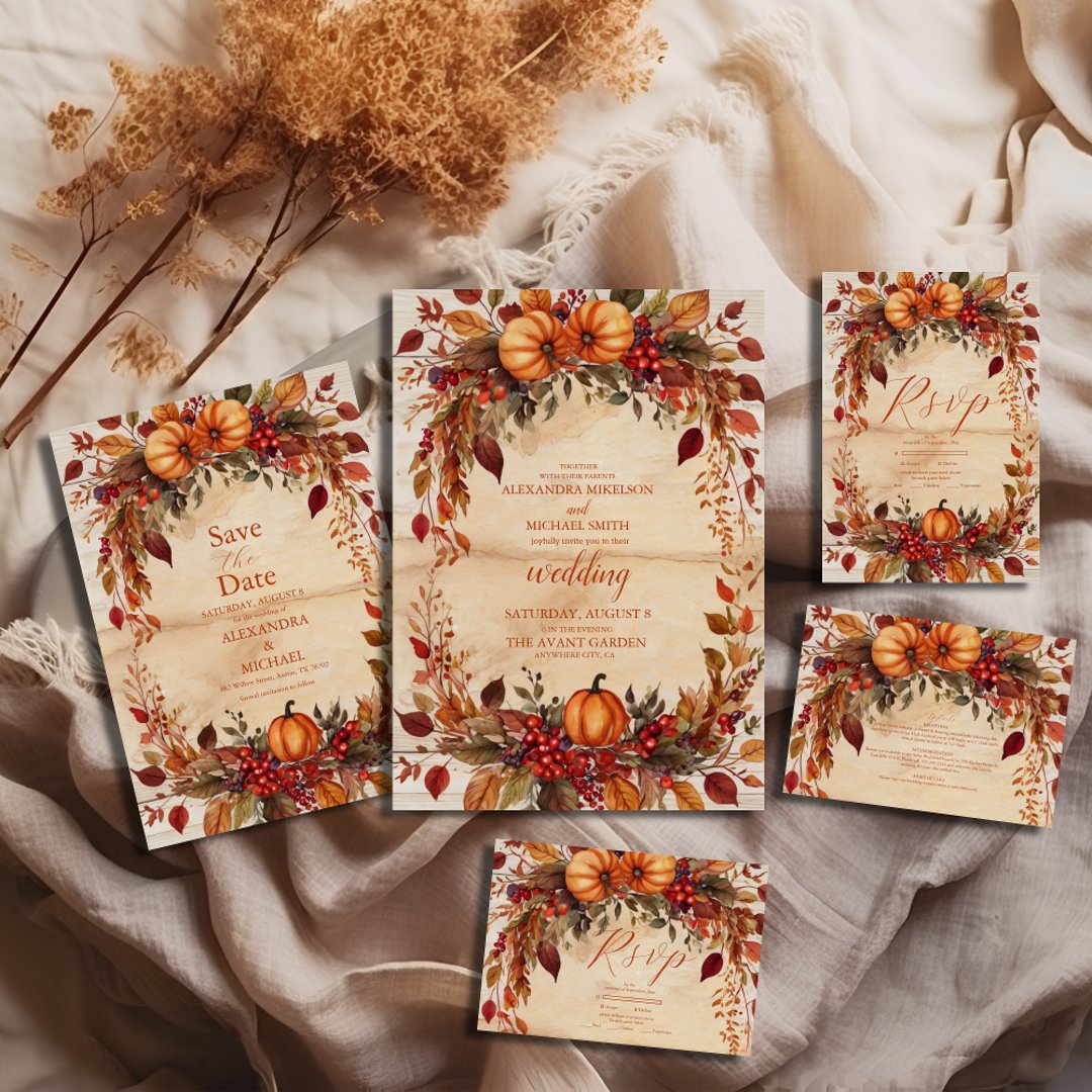 Fall Floral Pumpkin Rustic Wedding Invitation | Zazzle