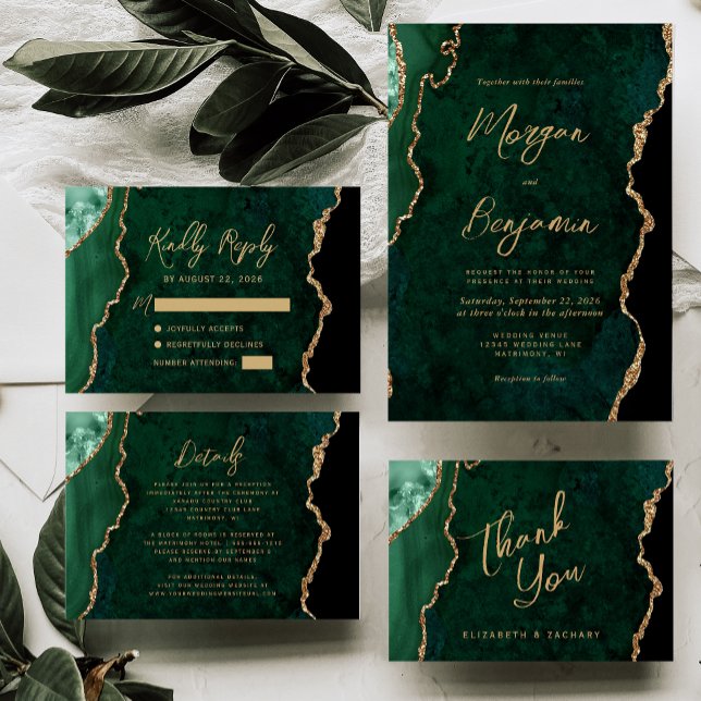Modern Emerald Green Agate Script Wedding Invitation