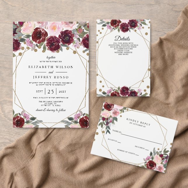 Floral Burgundy Gold Glitter Geometric Wedding Program | Zazzle