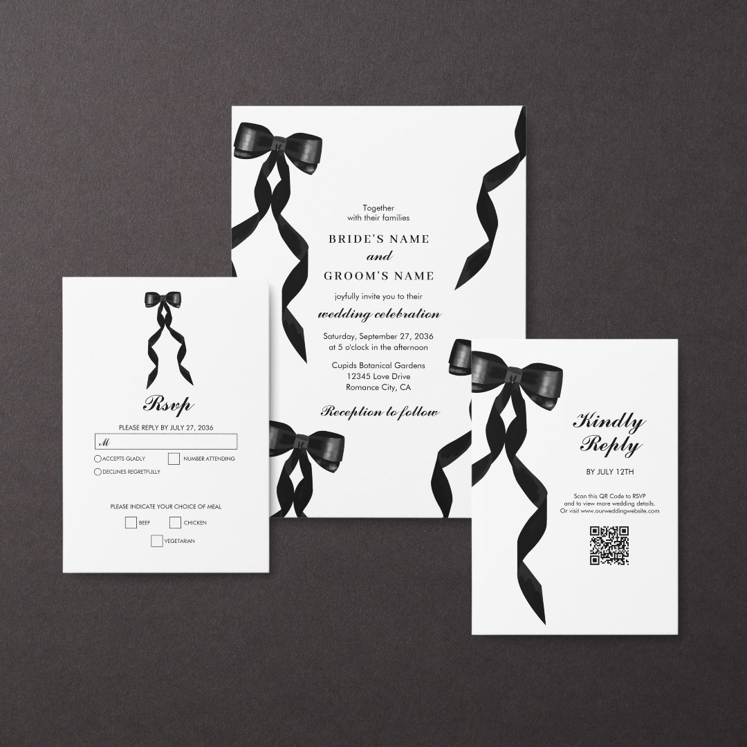 Wedding Inviations Ribbon Formal Black Bow Ribbon Elegant Wedding Invitation | Zazzle