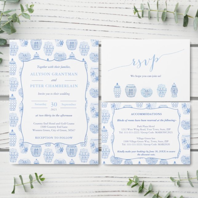 QR Code Hydrangea Ginger Jar Crest Wedding RSVP Enclosure Card