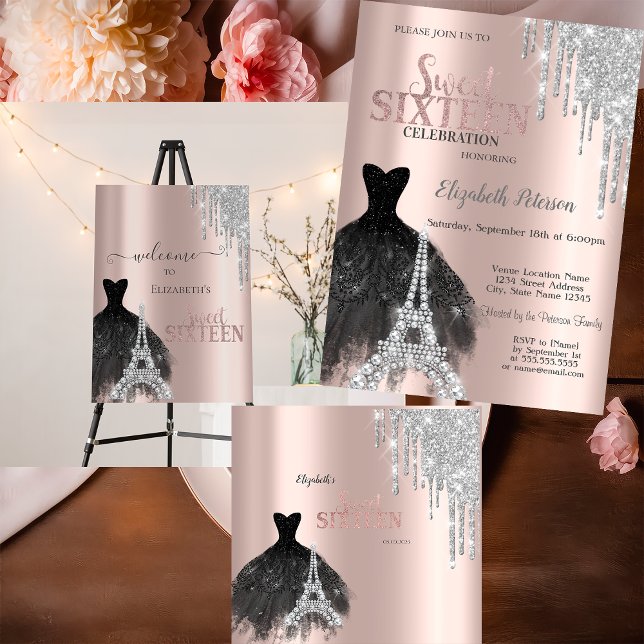 Glitter Drips,Dress,Eiffel Tower Sweet 16 Wrapping Paper | Zazzle