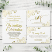 Elegant Gold Foil Lace on Classic White Wedding Foil Invitation (Personalise this independent creator's collection.)