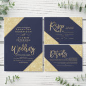 Chic gold glitter typography navy blue wedding Tri-Fold invitation (Personalise this independent creator's collection.)