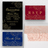 Royal Blue Gold Outline Flowers Floral Quinceanera Invitation