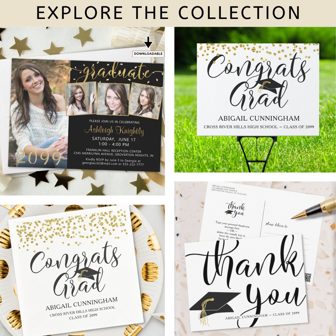 Chic Gold Confetti CONGRATS GRAD Script Photo Sign | Zazzle