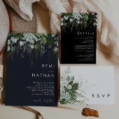 Greenery and Gold Leaf Dark Navy Wedding Thank You Postcard