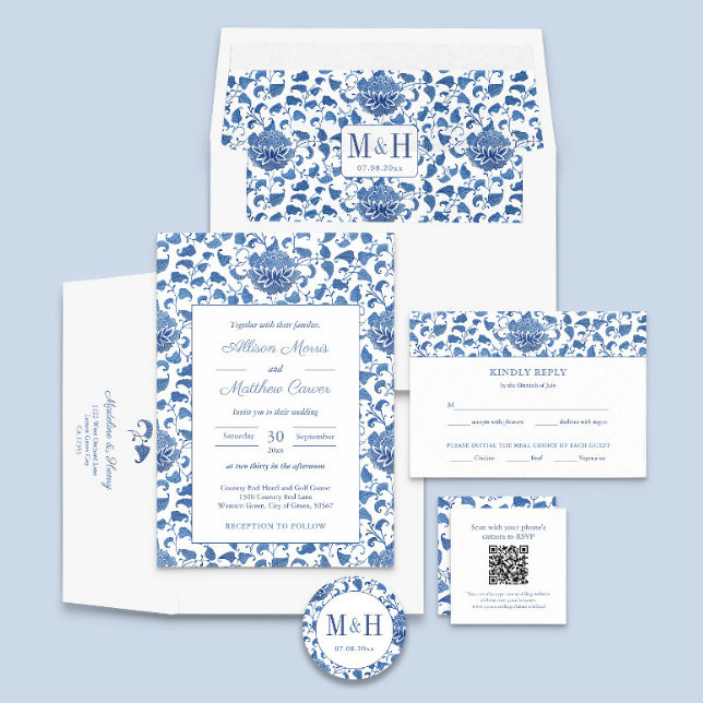 QR Code Hydrangea Ginger Jar Crest Wedding RSVP Enclosure Card