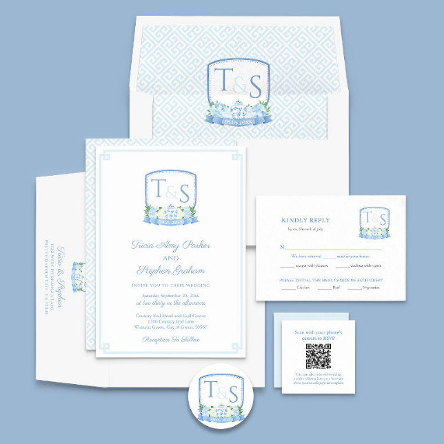 Elegant Blue And White Watercolor Crest Wedding Invitation
