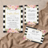 Modern Floral Gold Black White Stripes Baby Shower Invitation (Personalise this independent creator's collection.)