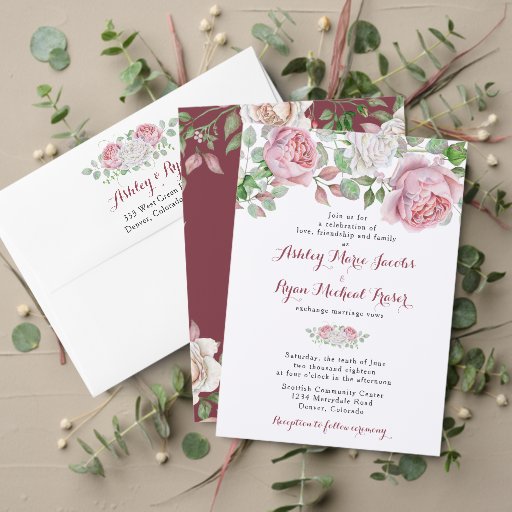 Burgundy Pink Chic Rose Floral Wedding Invitation | Zazzle