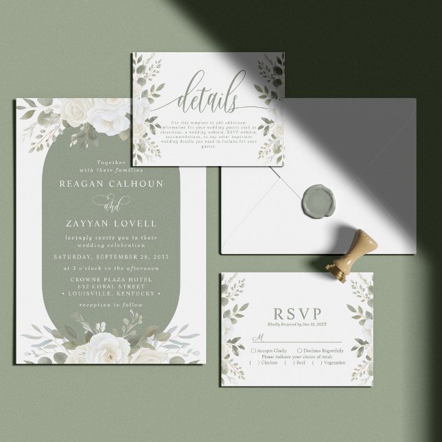 Ivory And Sage Chic Elegant Floral Wedding Invitation