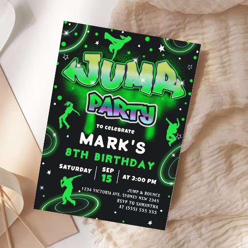 Jump Neon Trampoline Birthday Party Invitation | Zazzle