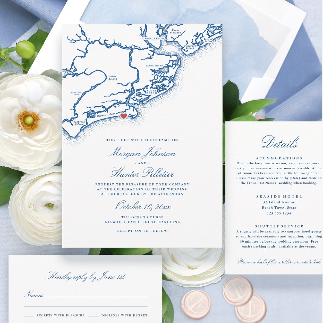 Kiawah Island SC Map Elegant Navy Blue Wedding Napkins Zazzle