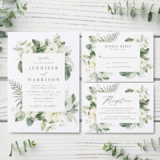 Lush White Flowers and Greenery Wedding Invitation | Zazzle