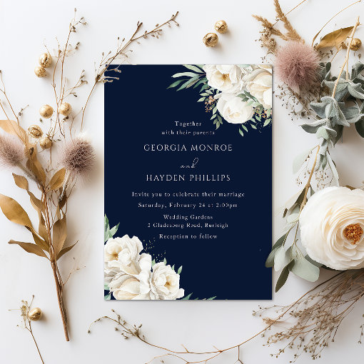 Luxury White Floral Premium Navy Wedding Invitation | Zazzle