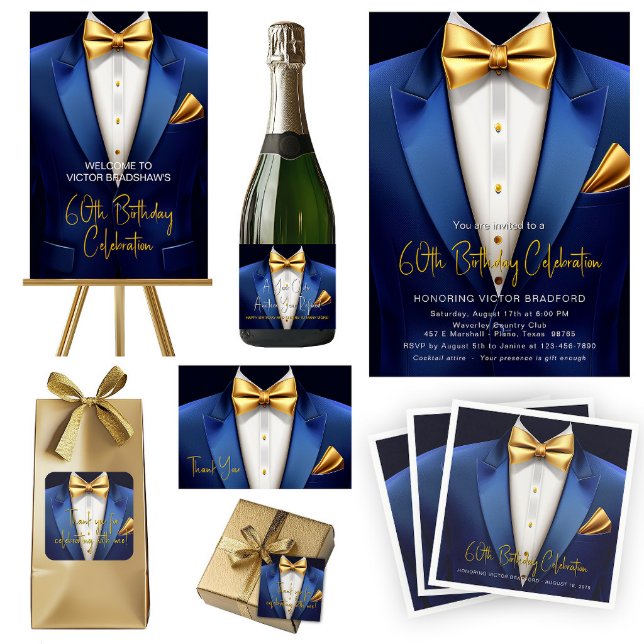 Mens Blue Gold Birthday Party Welcome Sign