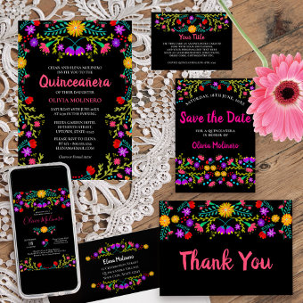 Mexican Fiesta Floral Black Colorful Gender Reveal Invitation | Zazzle