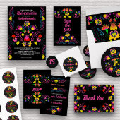 Quinceanera Mexican Party Flowers Black Birthday Invitation