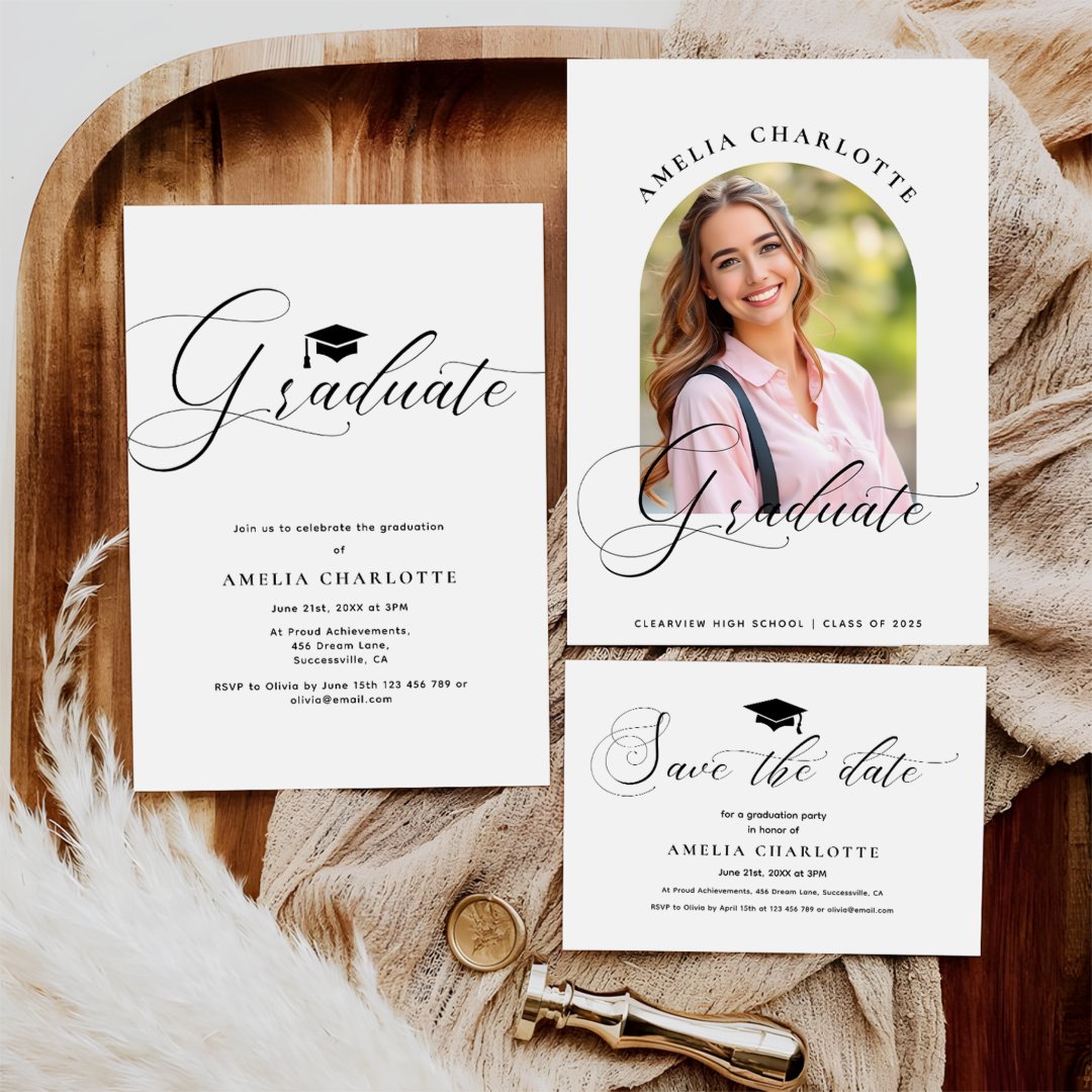 Modern Black Script Typography Graduation Party Thank You Card | Zazzle