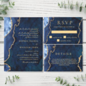 Modern Gold Blue Marble Agate Wedding RSVP Invitation Postcard (Personalise this independent creator's collection.)