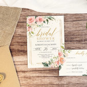 Boho blush pink floral gold frame bridal shower invitation